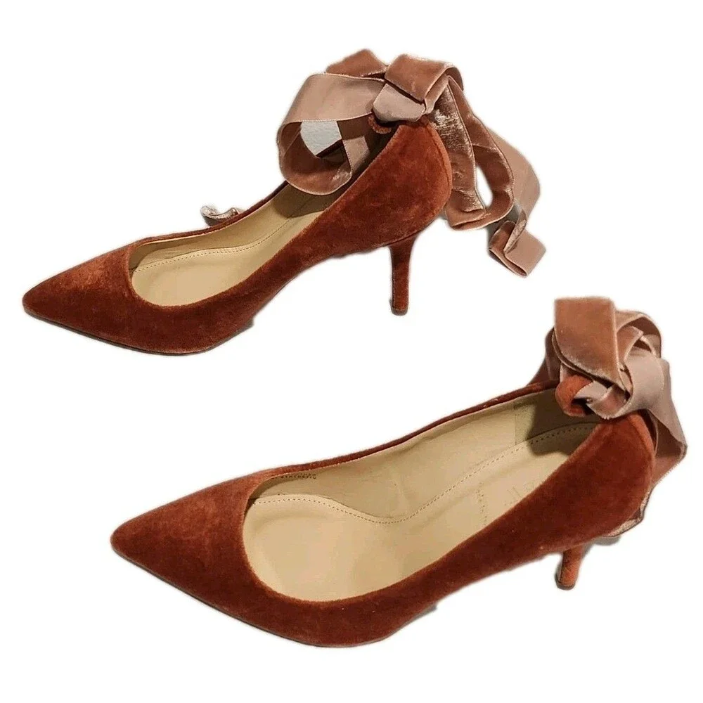 J.Crew Elsie Velvet Ankle-Wrap Pumps Rusted Red Size 6.5 W/Dust Bag & Box - Picture 3 of 13